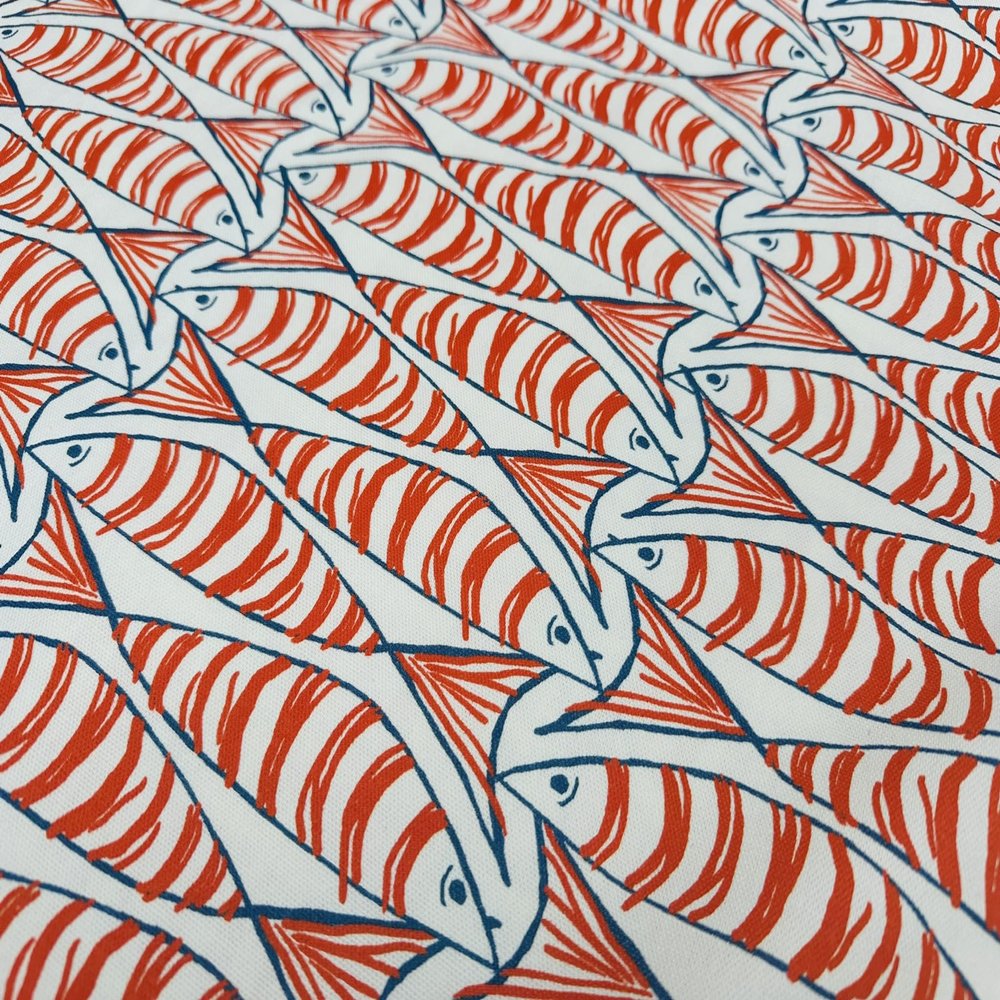 Orange Sardine Fish Fabric, Navy and White Digital Print, 140 cm Wide, Sold by the Meter