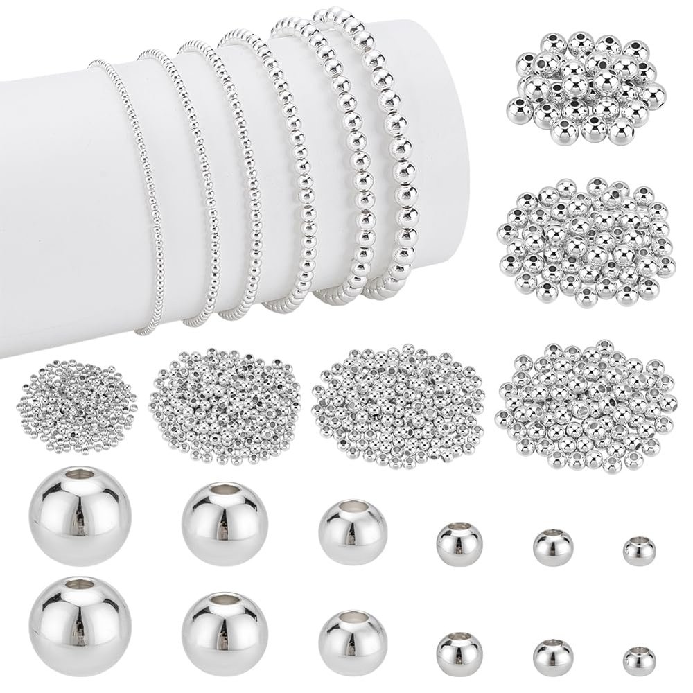 PH PandaHall Round Spacer Beads in 6 Sizes - 590 pcs Silver Metal Beads