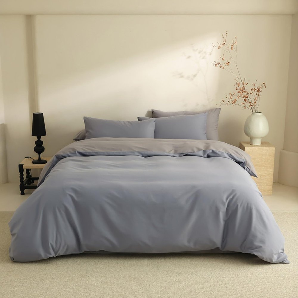 HAIBA Reversible Duvet Cover 150 x 200 cm, 100% Cotton, Blue Gray