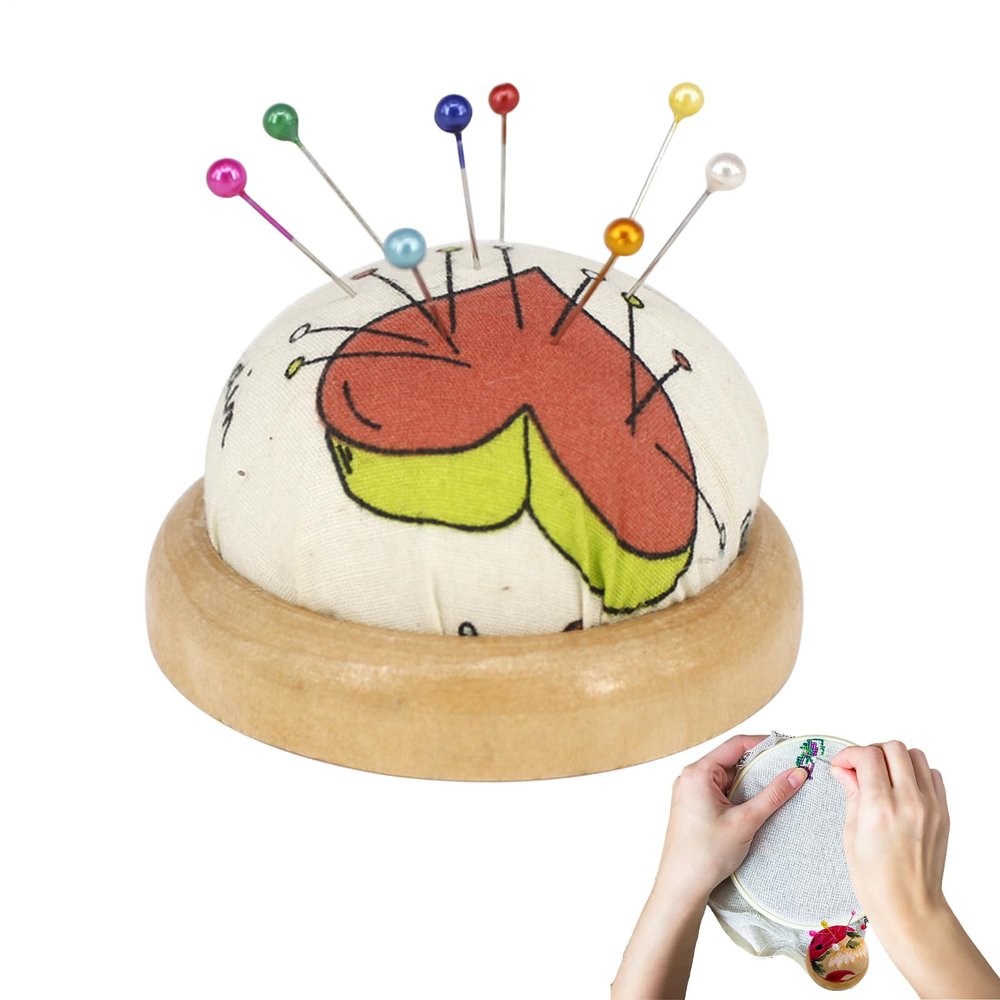 Vintage Sewing Pin Cushion with Wooden Base