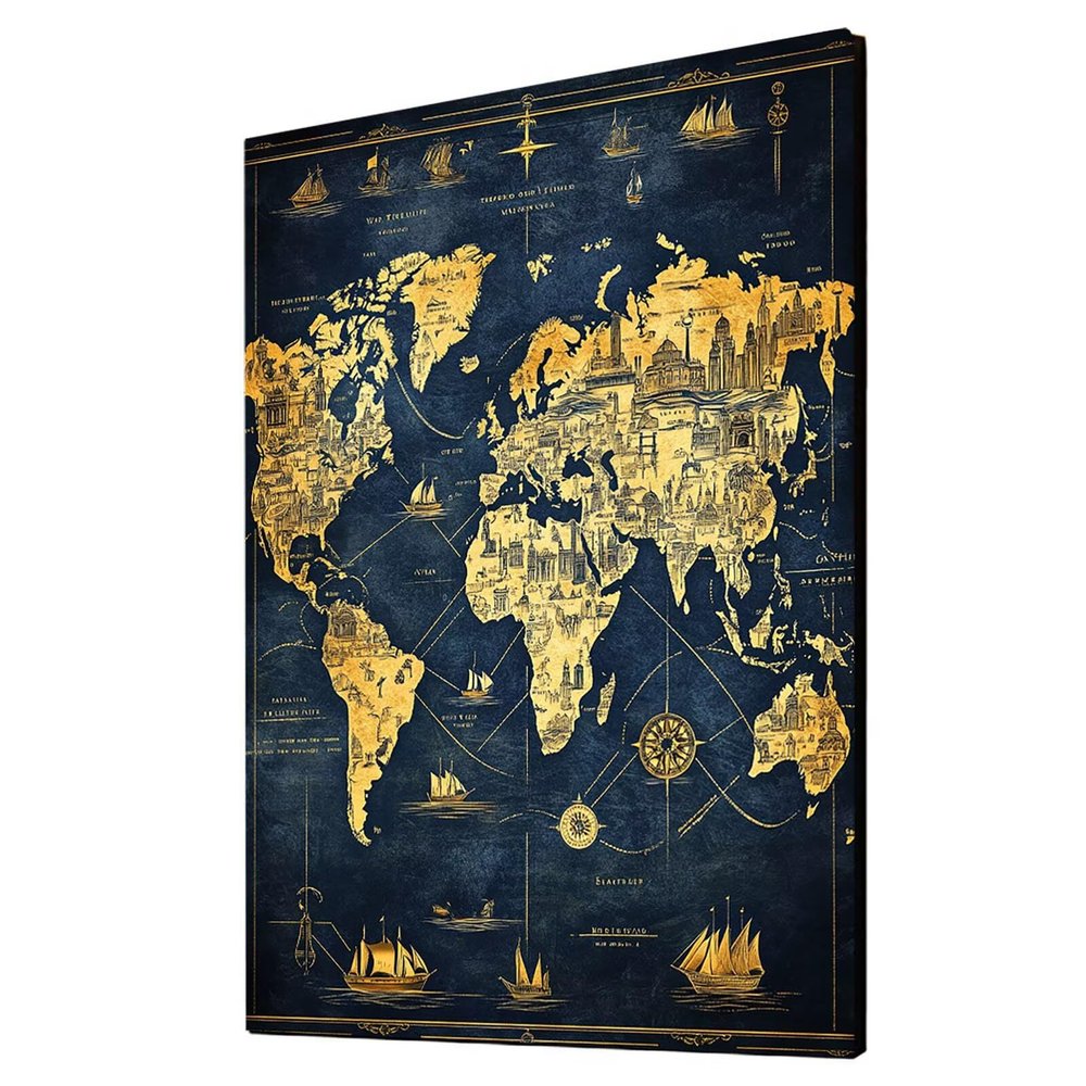 Adult Paint by Numbers World Map DIY Set with Boat Design, 95 x 70 cm Canvas, 36 Acrylic Colors and Brushes