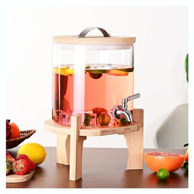 JTWWDM Glass Beverage Dispenser, 2-Gallon/5 L, with Wooden Stand and Spigot