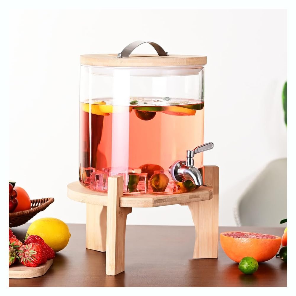 JTWWDM Glass Beverage Dispenser, 2-Gallon/5 L, with Wooden Stand and Spigot