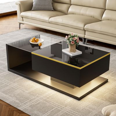 BTM Modern LED Coffee Table with Glass Top, Black, 50 x 100 x 33 cm
