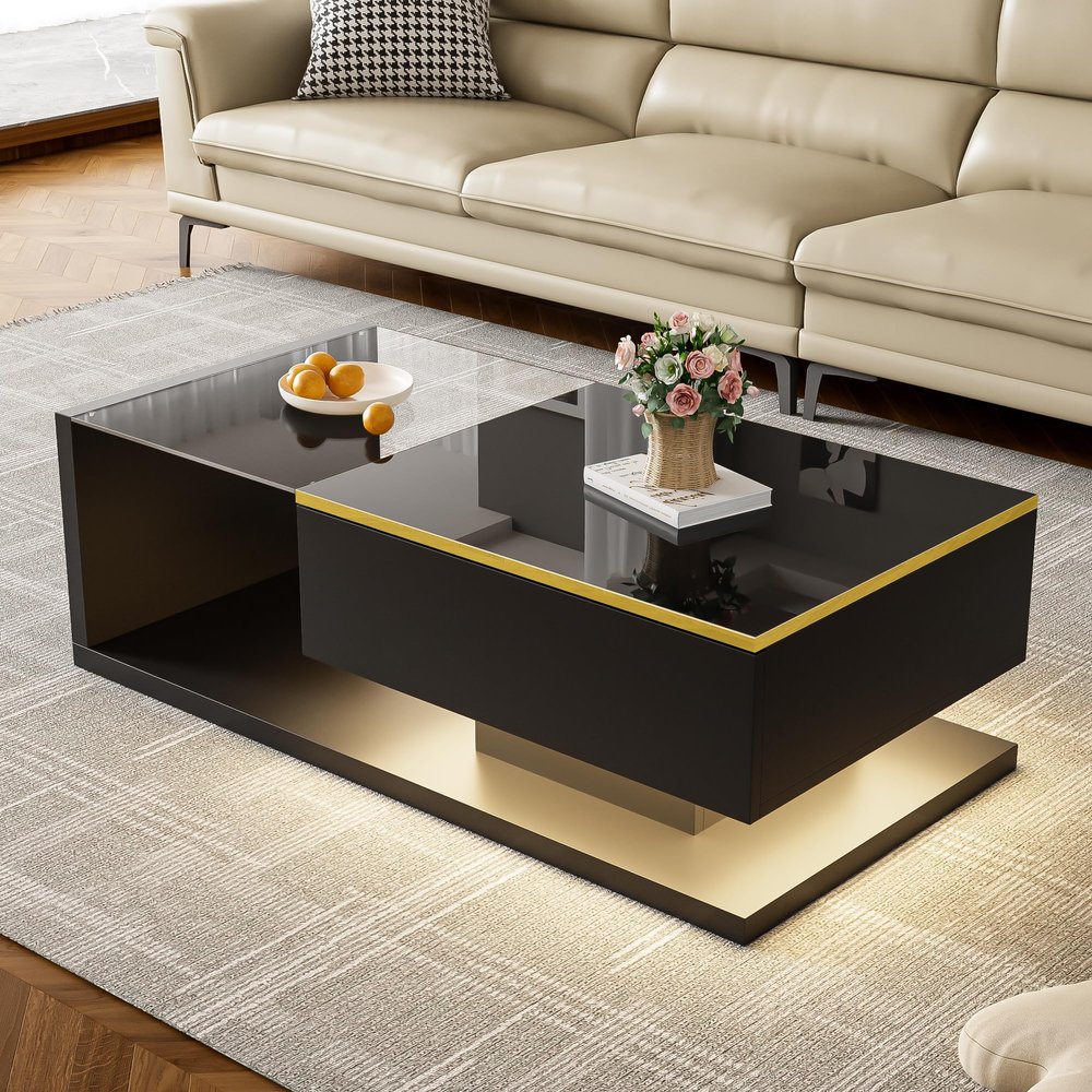 BTM Modern LED Coffee Table with Glass Top, Black, 50 x 100 x 33 cm