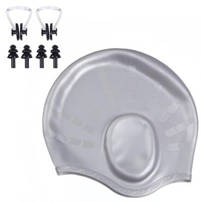 Vyloky Unisex Swim Cap for Women and Men with 3D Ear Protection, Flexible Silicone, for Short or Long Hair, with Earplugs and Nose Clip (Gray)