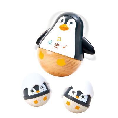 Hape Wobbling Penguin Family Baby Toy, Wooden Montessori Toy with Rattle, Ages 6+ Months
