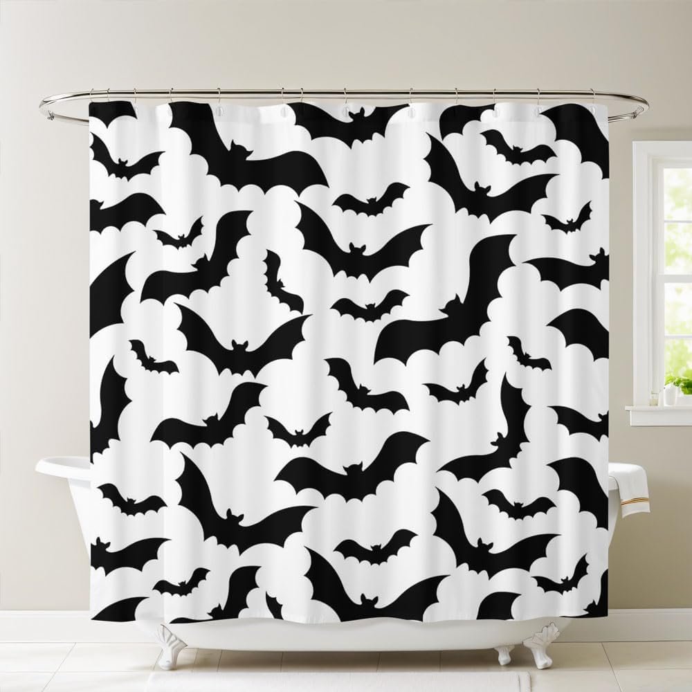 3D Bathtub and Shower Curtain, Mold-Resistant, 240 x 200 cm, Bat Design
