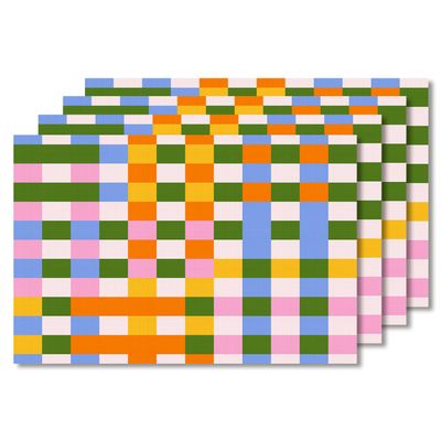 Fchen Art Set of 6 Plaid Placemats, 12 x 18 in, Colorful Dopamine Grid Design