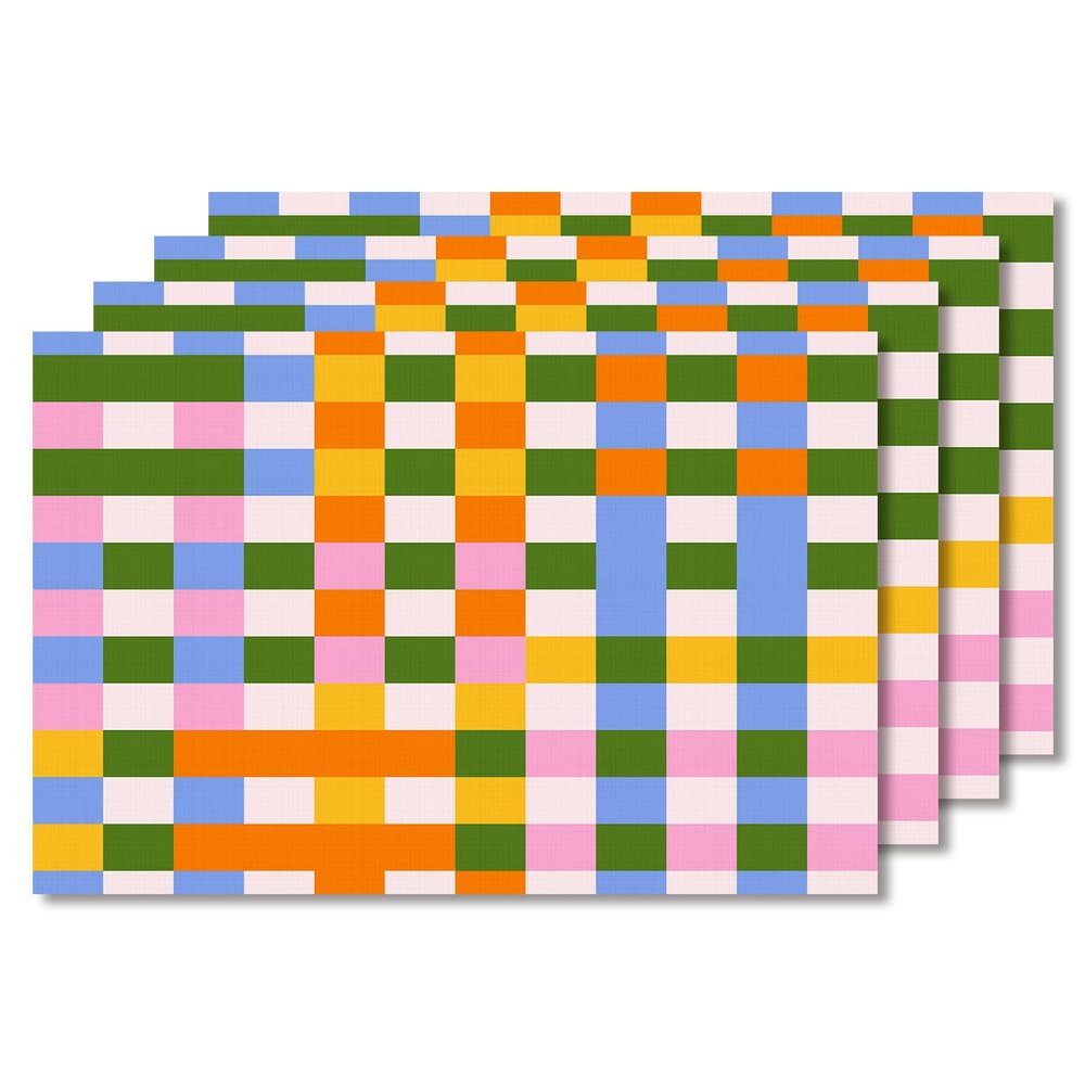 Fchen Art Set of 6 Plaid Placemats, 12 x 18 in, Colorful Dopamine Grid Design
