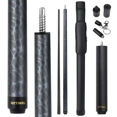 Oztwel Carbon Fiber Pool Cue, 12.4 mm, 8-Layer Tip, Low Deflection, with Carbon Fiber Extension and Case, Blue