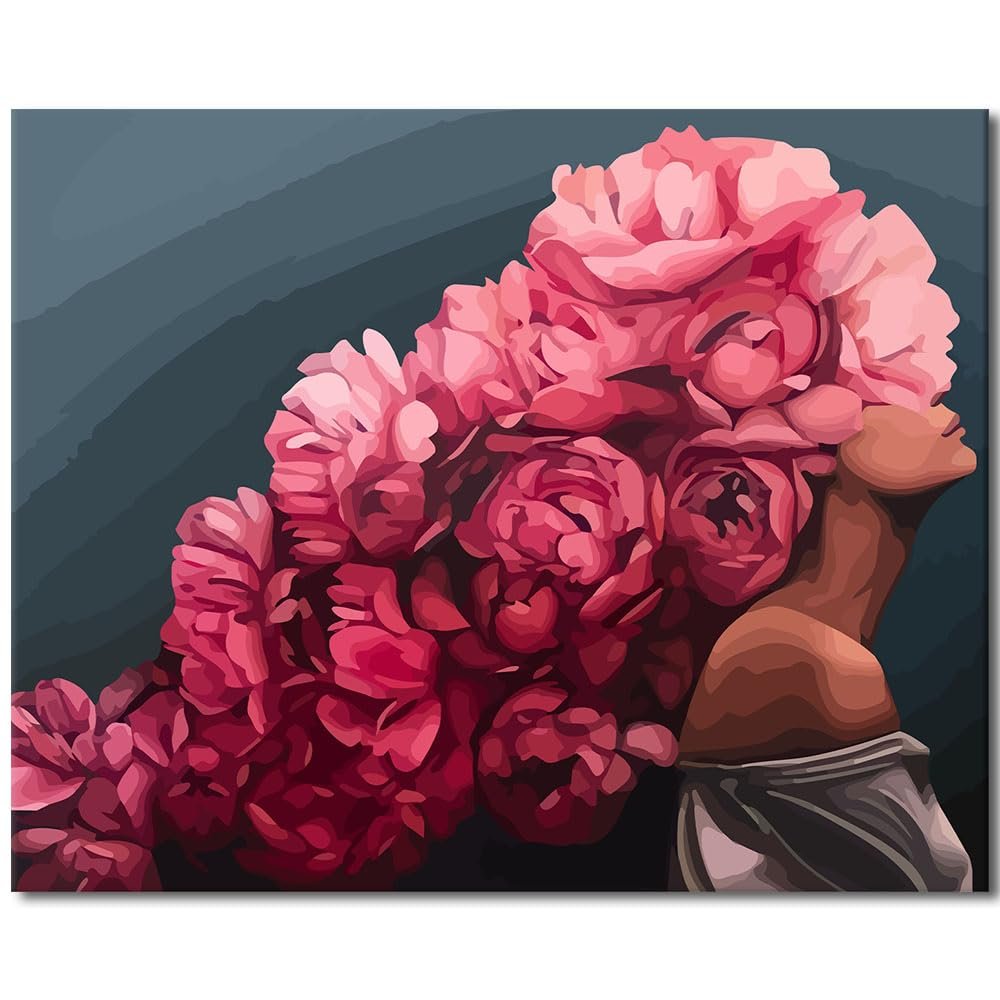 TISHIRON Painting by Numbers for Adults - Girl with Rose in Dark, Floral Theme - 16x20 inch