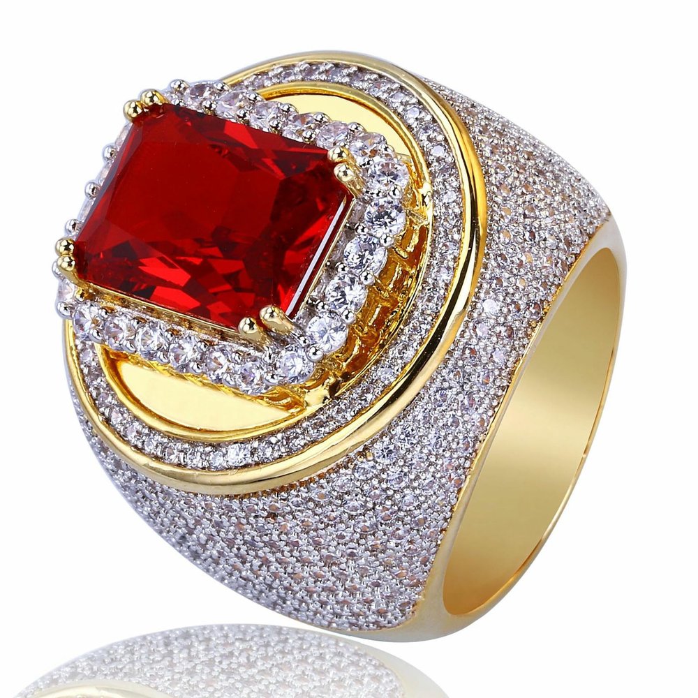 Jpltlvy Men's CZ Ruby Ring, Gold Vintage Statement Band
