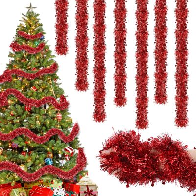 8 Pack x 2M Red Tinsel Christmas Garland with Stars