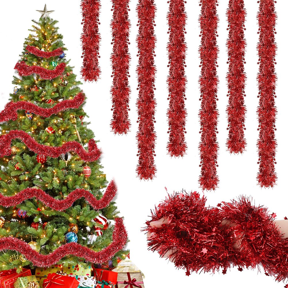 8 Pack x 2M Red Tinsel Christmas Garland with Stars