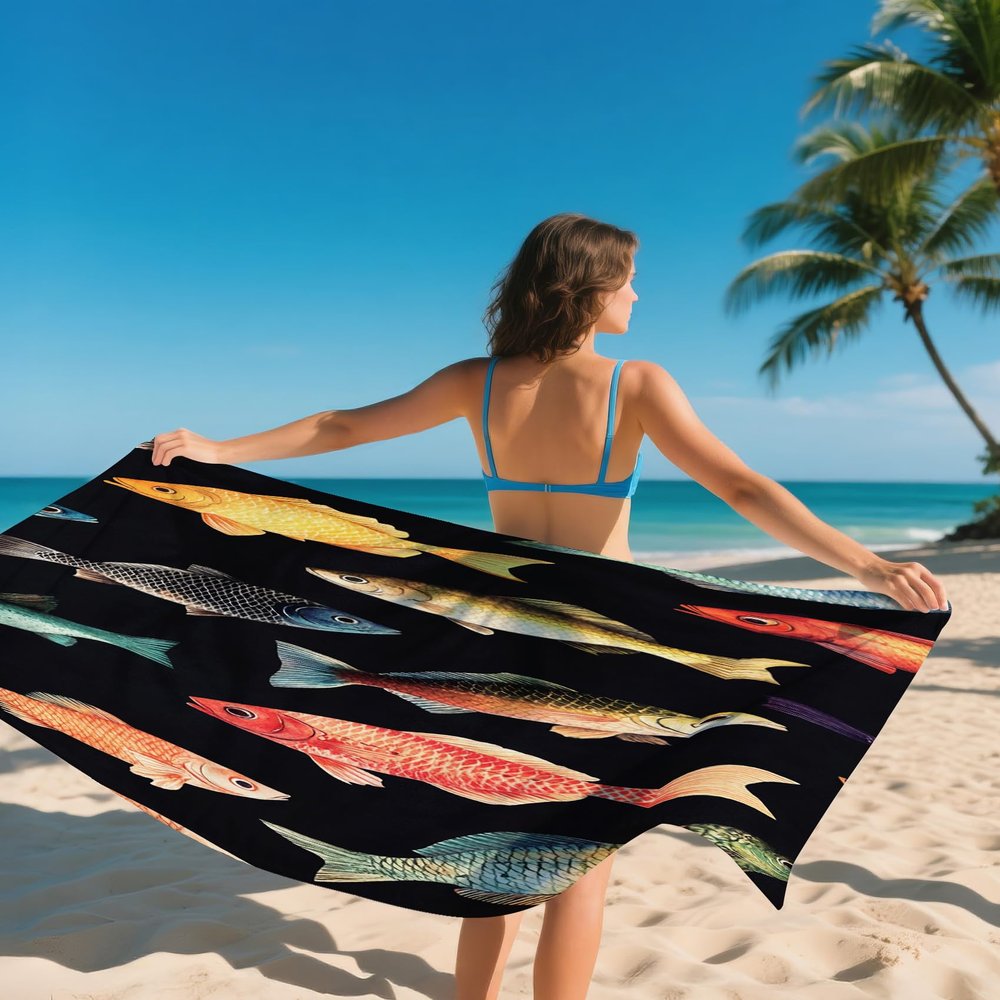 QEODAH Fish Beach Towel 70 x 140 cm - Quick-Drying Microfiber
