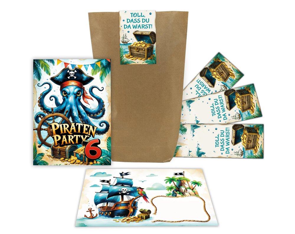 Junaversum 6 Pirate Invitations for a Child’s 6th Birthday with Envelopes, Gift Bags & Stickers
