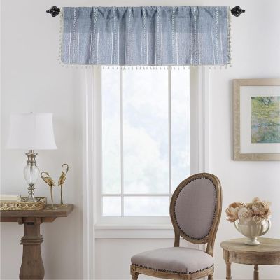 Stfery Blue Semi-Sheer Kitchen Curtain with Embroidered Stripes and Tassel