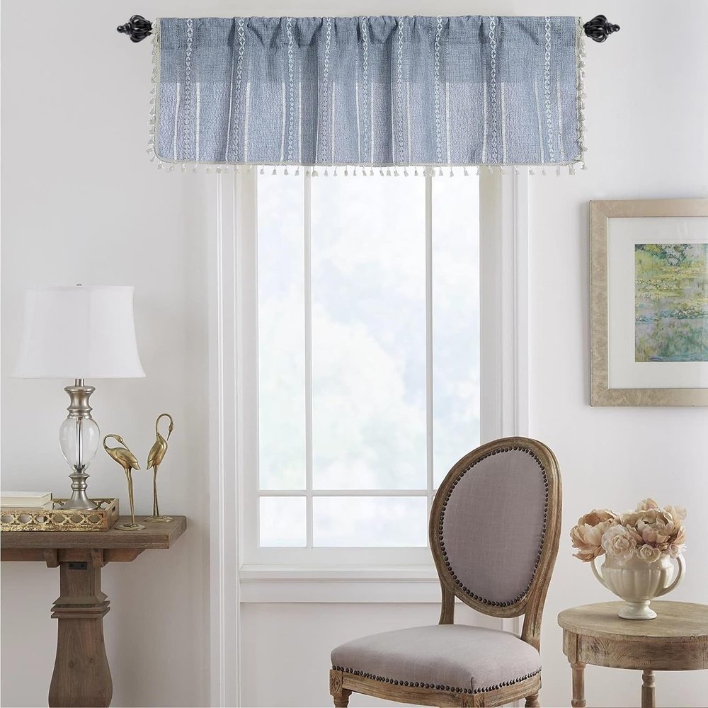 Stfery Blue Semi-Sheer Kitchen Curtain with Embroidered Stripes and Tassel