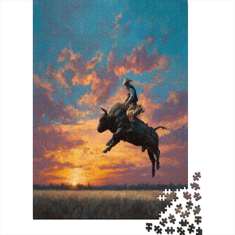 Cowboy Riding a Bull Wooden Puzzle, 1,000 Pieces, 38 x 26 cm