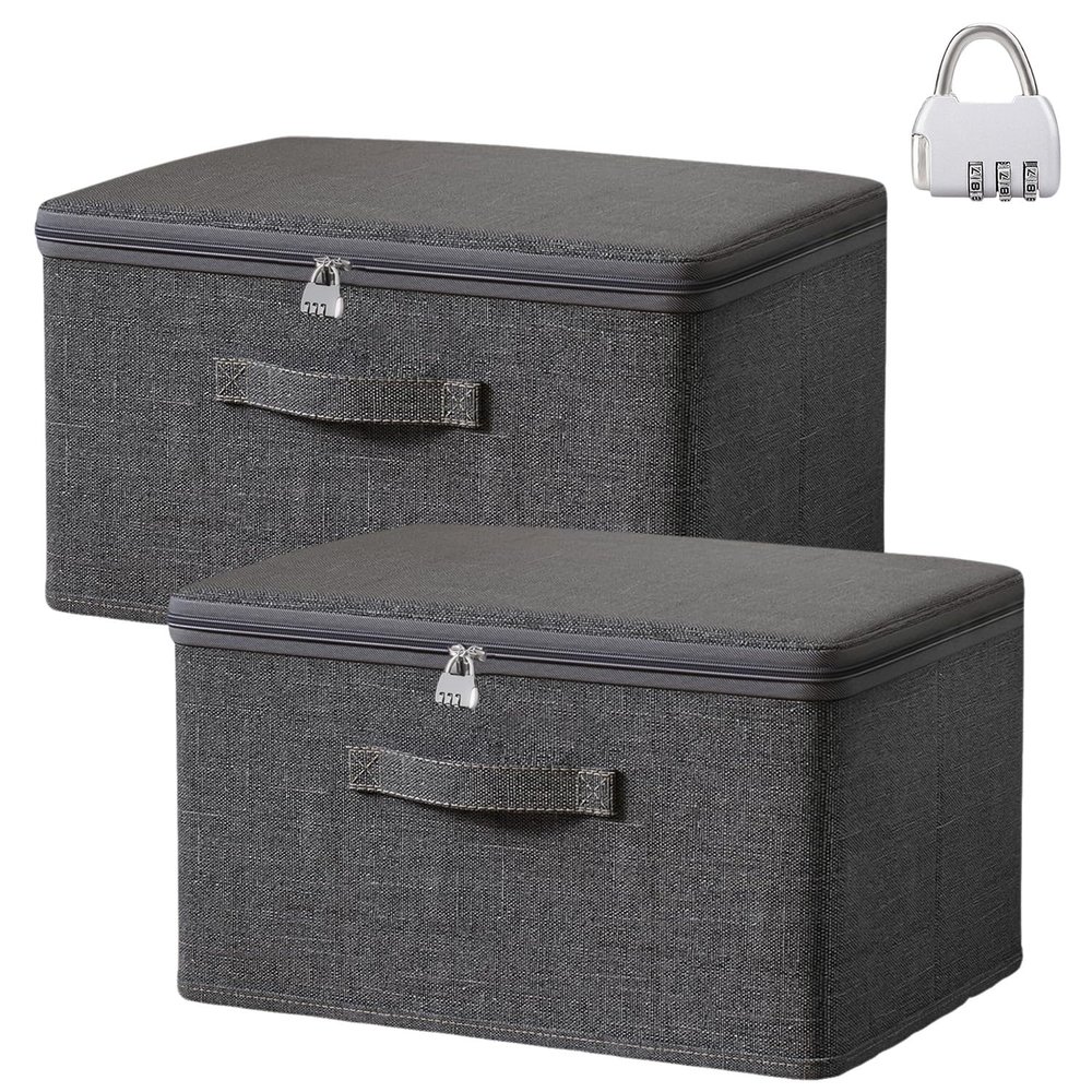 Exquilnova 2-Pack Lockable Storage Boxes with Lid, Folding Fabric Organizer, Combination Lock, Medium 38 x 25 x 16 cm
