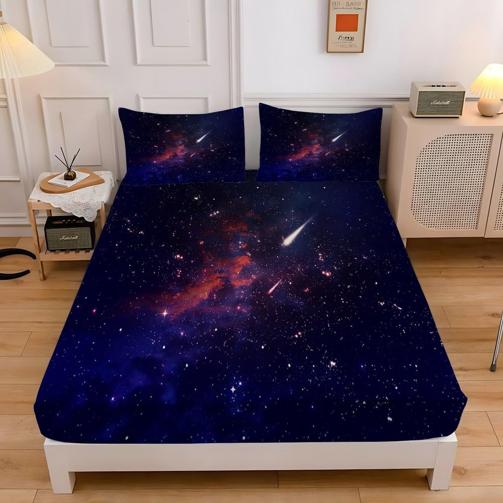 Starry Sky Meteor Fitted Sheet 180 x 200 cm for 30 cm Mattresses, with 2 Pillowcases
