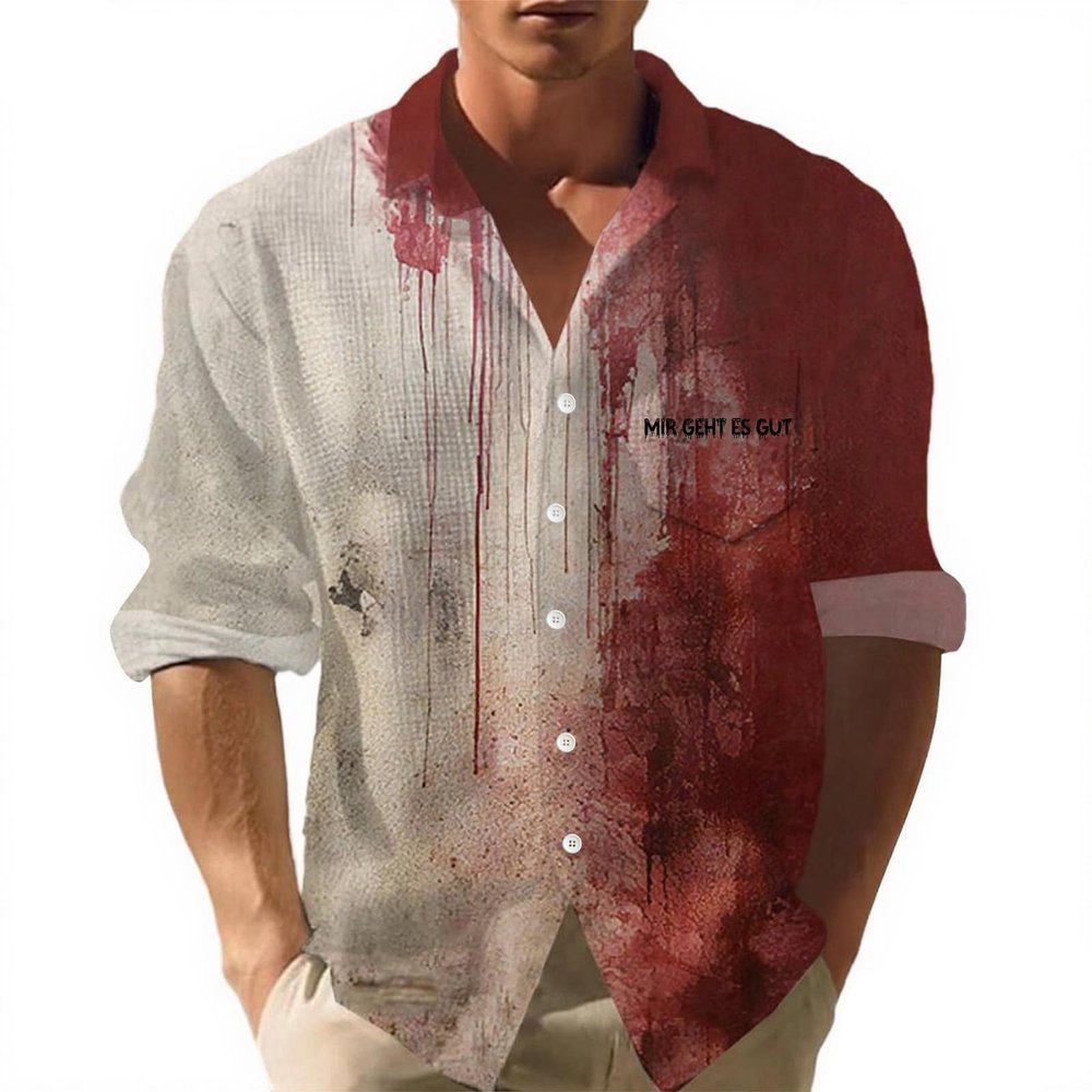 Men's Halloween Bloody Waffle Shirt, Long Sleeve Oversized Button-Down