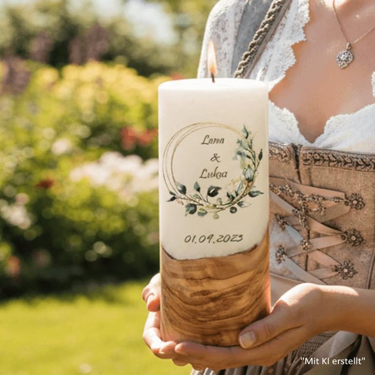 Wedding Candle “Wild Eucalyptus” with Real Wood, Sealed Wax Surface, 8 x 20 cm