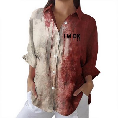Women's Halloween Bloody Print Oversized Long-Sleeve Lapel Shirt – Problem Solved