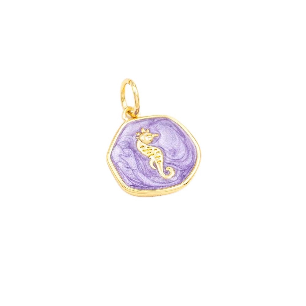 Vintageparts Brass Pendant with Lilac Enamel and Seahorse