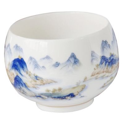 Chinese Ceramic Tea Cup with Hand-Drawn Mountain Design