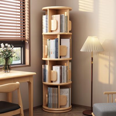 OWOHYG 4-Tier 360° Rotating Wooden Bookshelf with Bookstopper, 15.7 x 15.7 x 51.1 in