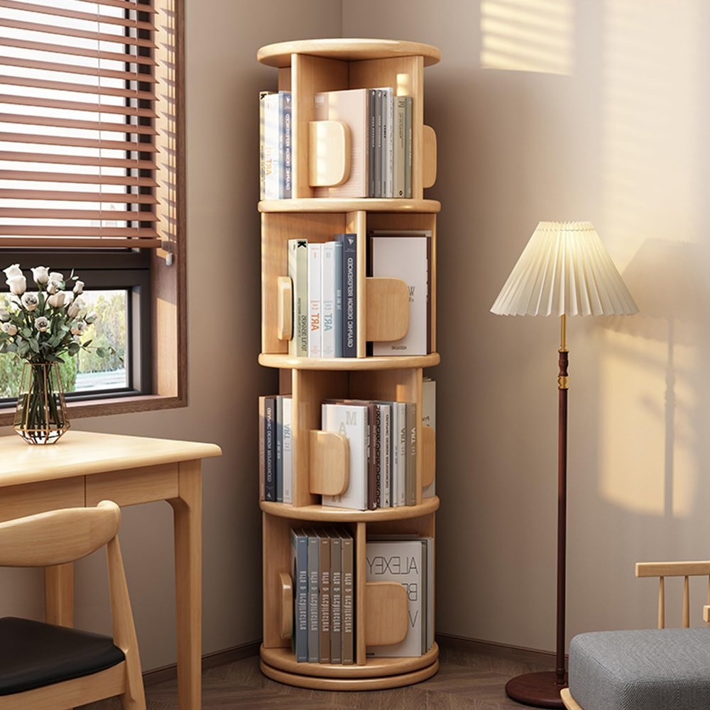 OWOHYG 4-Tier 360° Rotating Wooden Bookshelf with Bookstopper, 15.7 x 15.7 x 51.1 in