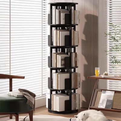 OWOHYG 5-Tier Round Rotating Bookshelf, Solid Wood, 360° Swivel Book Tower for Bedroom, Living Room and Study