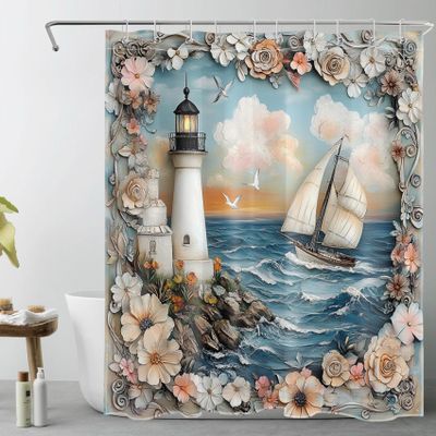 LB Nautical Lighthouse Shower Curtain, 150 x 200 cm