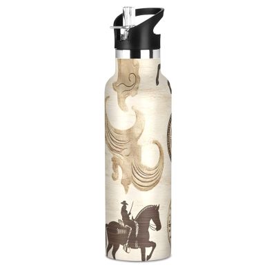 Western Cowboy Horse Aztec Equestrian Stainless Steel Water Bottle with Straw Cap, Insulated Drink Flask for Boys and Girls, 567.0 g (600 ml)