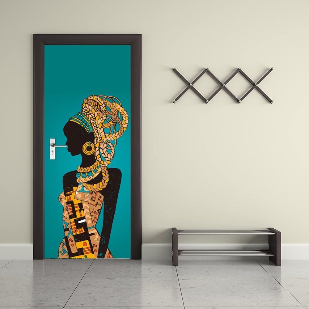 African Woman Door Sticker, Self-Adhesive 3D Door Wallpaper, 90 x 210 cm
