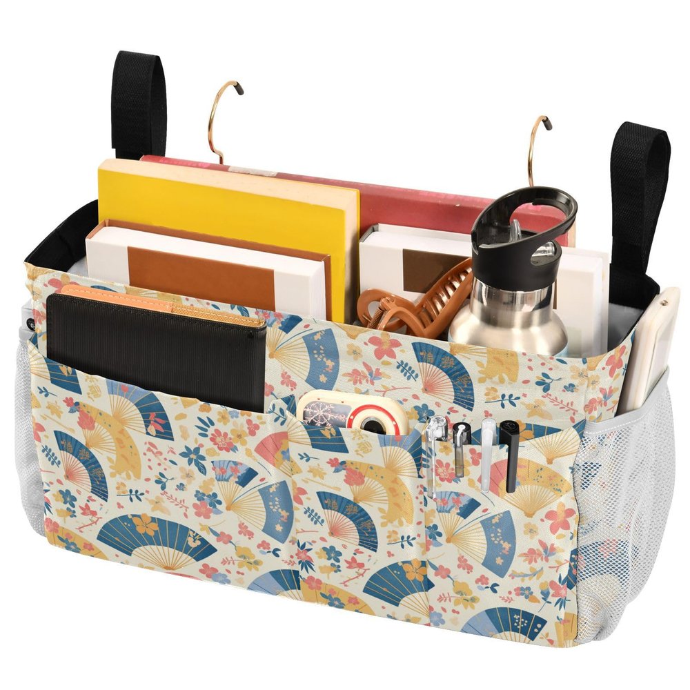 FRODOTGV Hand-Drawn Japanese Fan Bedside Storage Basket with Secure Straps and Water Bottle Holder, Hanging Organizer for Home, Bunk Beds, Dorms, and Sofas