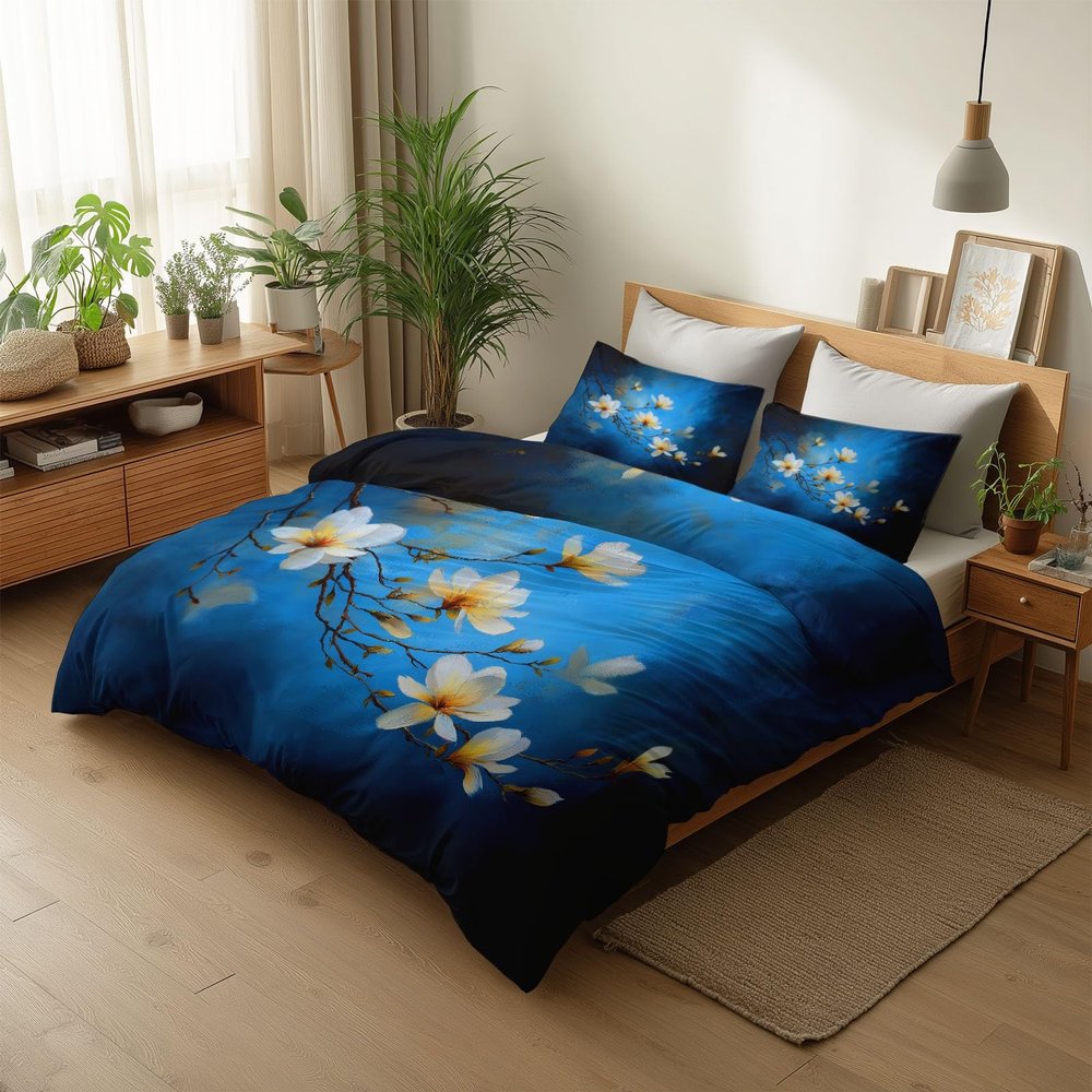 Kids' Soft Floral Bedding Set, Blue, 200 x 200 cm, 3-Piece Microfiber Set