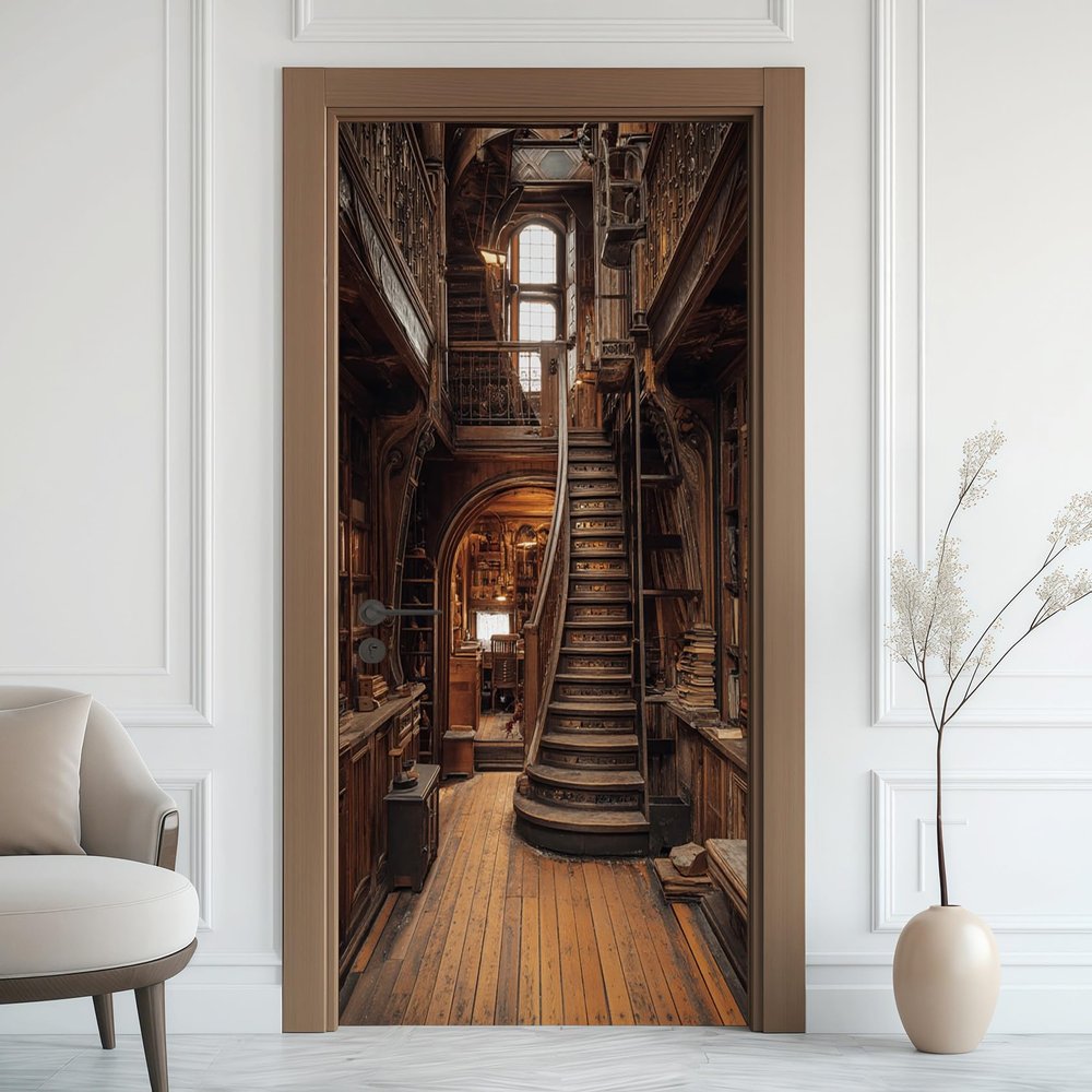 Wooden Staircase Library Door Sticker, Bookshelf Self-Adhesive Door Film, 100 x 200 cm