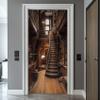 Wooden Staircase Library Door Sticker, Bookshelf Self-Adhesive Door Film, 100 x 200 cm view 4