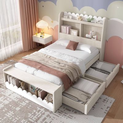 Kids' Single Bed with Bench and 2 Drawers, 90 x 190 cm, No Mattress