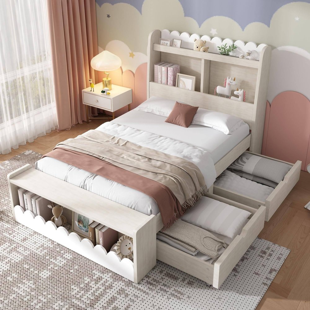 Kids' Single Bed with Bench and 2 Drawers, 90 x 190 cm, No Mattress