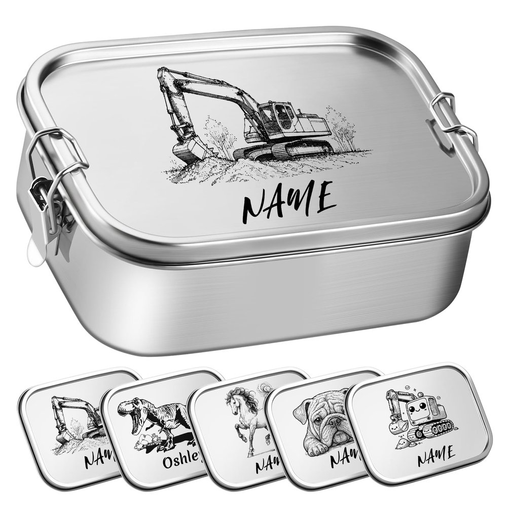 OXYEFEI Personalized Stainless Steel Kids' Lunch Box with Compartments, Excavator-1, 1000 mL