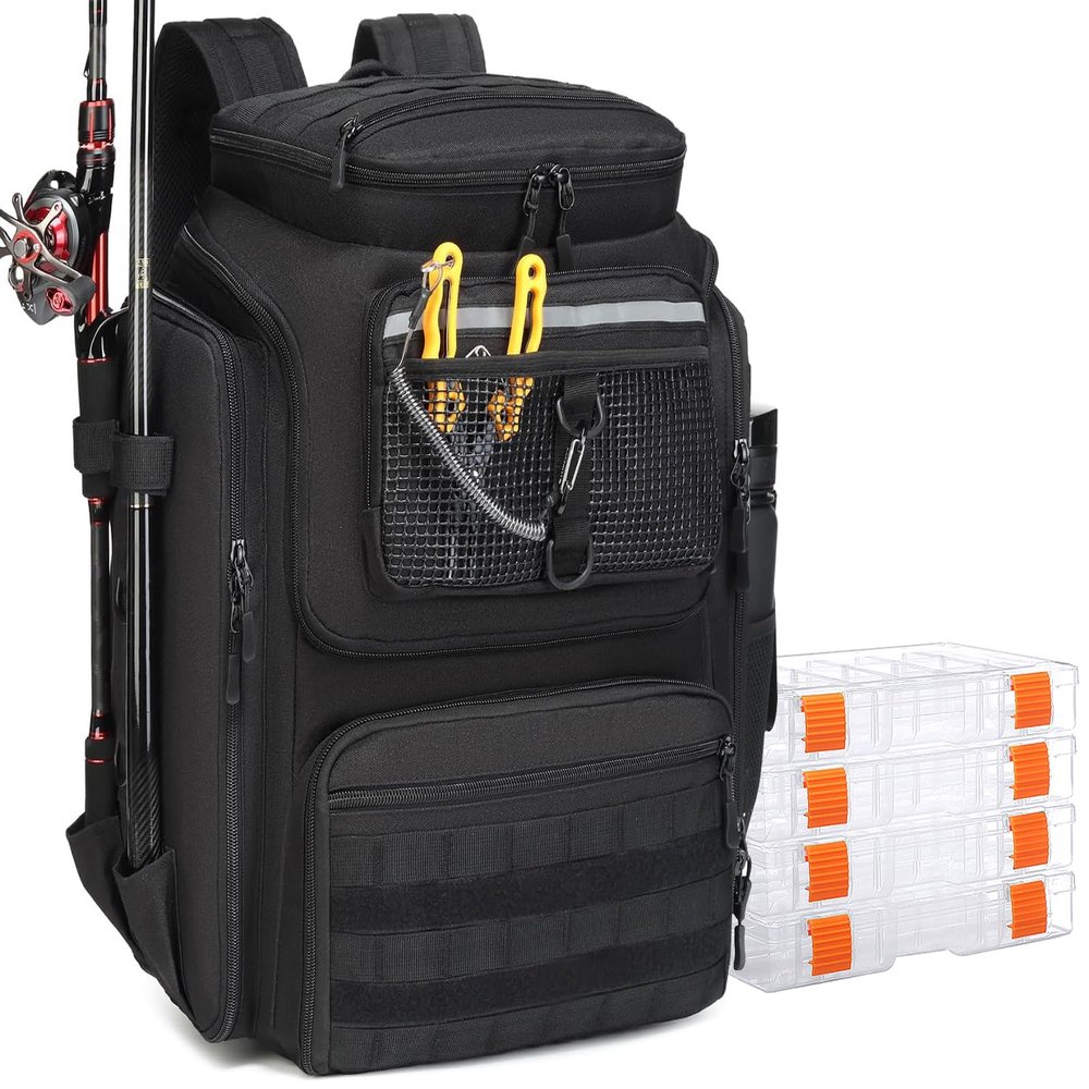 BlesMaller Fishing Backpack with 4 Boxes & Rod Holders, 45L Large Fishing Bag