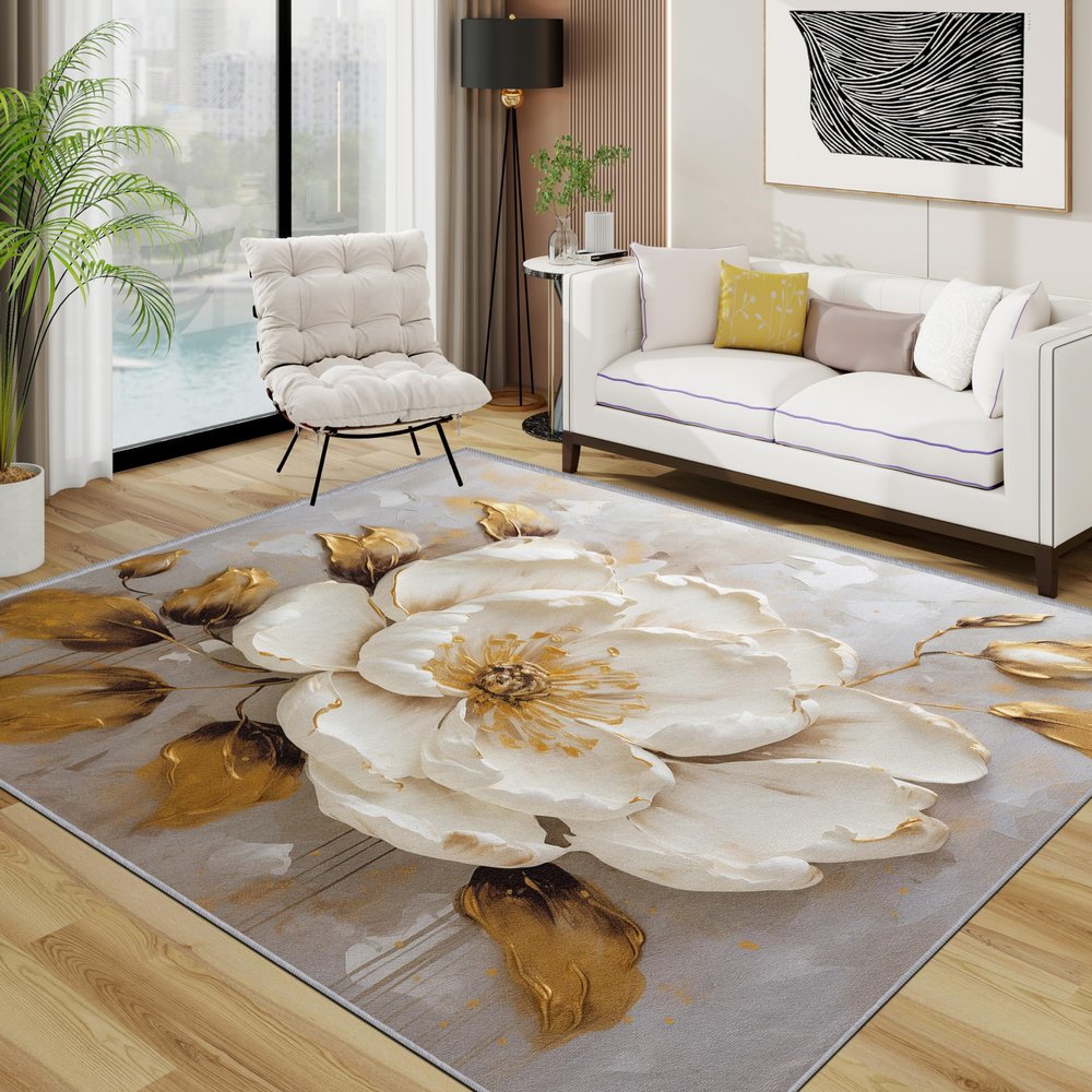 TerroVee White Gold Floral Rug, Washable, 80 x 150 cm