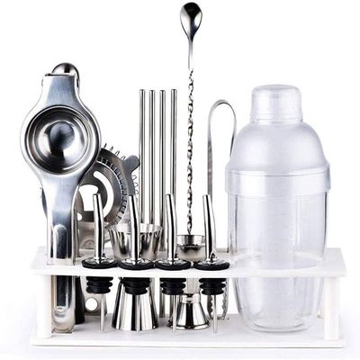 ZHANGXABN Cocktail Shaker Set, 17-Piece Bartender Set with Elegant Wooden Stand, Black