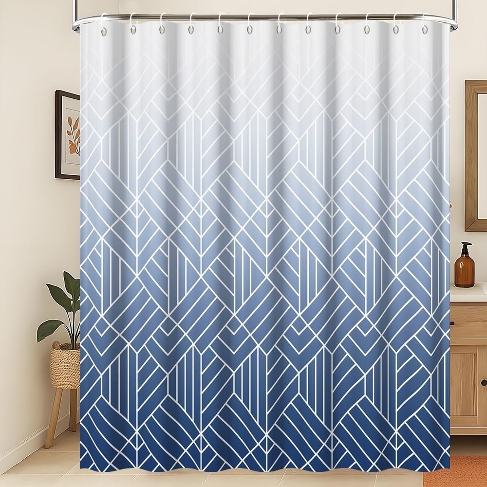 Xiaoterna 200 x 180 cm Abstract Stripe Shower Curtain, White and Blue Gradient