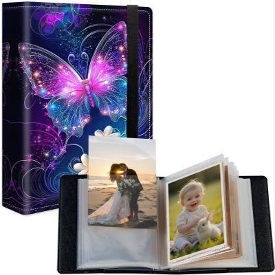 Small Photo Album 12.7 x 17.8 cm for 120 Photos, PU Leather, Elastic Band, Butterfly