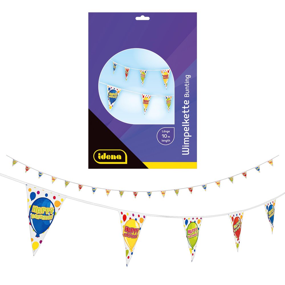 Idena 31873 - Happy Birthday Garland with 20 Pennants, Approx. 10 m Long, Plastic Pennant Chain for Indoor and Outdoor Use
